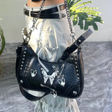 Lkblock Y2k Black Shoulder Bag Skull Butterfly Applique Rivets Heart Chain Handbag American Style Hip Hop Punk Cool Underarm Bag