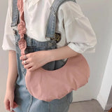 Lkblock Pink Fashion Womens Shoulder Bag Pleated Korean Style Solid Color Nylon Casual Hobos Bag Sweet Elegant Advanced Handbag