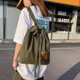 Lkblock New Drawstring Canvas Backpack For Women Leisure School Backpack Trendy Cool Female Schoolbag Boy Girl Kawaii Travel Student Bag