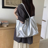 Lkblock Silver Fashion Womens Tote Bag Leather Summer Solid Color Casual Vintage Shoulder Bag Exquisite Harajuku Female Handbag