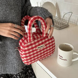 Lkblock Vintage Cute Handbag for Women Red Plaid Letter Soft Kawaii Crossbody Bag Autumn Winter New Luxury Designers Shoulder Bag