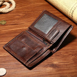 Lkblock Genuine Leather Men's Short Wallet Retro Bi-Fold Leather Wallet Real Cowhide Card Holder Male Purse with Coin Pocket ID Window