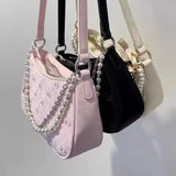 Lkblock Pink Womens Shoulder Bag Elegant Cute Bow Pearl Chains Bow Embroidery Handbag Casual Leather Korean Fashion Female Handbag