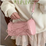 Lkblock Pleated Pink Women Shoulder Bag Bow Pillow Leather Sweet Elegant Fashion Handbag Gentle Casual Exquisite Ladies Armpit Bag
