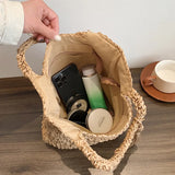 Lkblock Casual Handmade Woven Straw Bag Bucket Totes Handbags Travel Summer Bags Large Capacity Purses For Women Summer Straw Bag