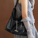 Lkblock Pure Black Womens Shoulder Bag Chains Y2k Gothic Fashion Large Capacity Tote Bag Pu Leather Casual Advanced Ladies Handbag