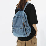 Lkblock Fashion Multi Pocket Women Backpack Vintage Washed Denim Female School Backpack Men Leisure Trendy Cool Student Travel Book Bag