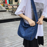 Lkblock Large Capacity Denim Crossbody Bags For Women College Student School Bags Solid Casual Shoulder Bag Travel Shopper Messenger Bag
