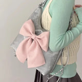 Lkblock Pink Bow Womens Shoulder Bag Korean Style Fashion Large Capacity Sweet Backpack Cute Exquisite Elegant New Female Tote Bag