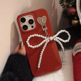 Lkblock Pearl Bow Pendant Phone Case for IPhone 14 13 12 11 15 Pro Max Funda for Iphone 15 14 Plus Wine Red Silicone Shockproof Cover