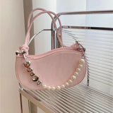 Lkblock Pink Pearl Womens Shoulder Bag Elegant Chains Beading Leather Korean Fashion Handbag Commuter Casual Ladies Aesthetic Bags