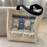 Lkblock - Women Canvas Shoulder Bag London Books Print Ladies Casual Handbag Tote Bag Reusable Large Capacity Cotton Shopping Beach Bag