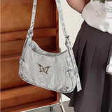 Lkblock Silver Y2k Womens Shoulder Bag Casual Aesthetic Literary Korean Style Fashion Handbag Summer Butterfly Leather Armpit Bag