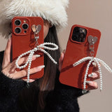 Lkblock Pearl Bow Pendant Phone Case for IPhone 14 13 12 11 15 Pro Max Funda for Iphone 15 14 Plus Wine Red Silicone Shockproof Cover