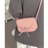 Lkblock Casual Pink Women Shoulder Bag Leather Simple Plaid Sweet Bow Daily Fashion Handbag Aesthetic Elegant Female Crossbody Bag