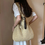 Lkblock Large Capacity 2024 Summer Straw Woven Tote Bag with Fringe Embellished Woven Women's Shoulder Bucket Bag
