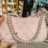 Lkblock Pink Womens Shoulder Bag Elegant Cute Bow Pearl Chains Bow Embroidery Handbag Casual Leather Korean Fashion Female Handbag