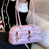 Lkblock Pink Elegant Womens Shoulder Bag Plaid Bow Vintage Leather Cute Leather Handbag Casual Sweet Bow Exquisite New Armpit Bag