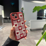 Lkblock Embroidery Love Heart Plush Phone Case for IPhone 15 14 13 12 11 Pro Max Xs Max XR 7 8 Plus Lens Protection Plaid Tpu Back Cover