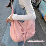 Lkblock 1 Piece Student Tote Bags for Girl Sweet Korean Fashion Bowknot Handbags for Women Portable Makeup Book Pencil Case Storage Bag