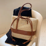 Lkblock Summer Straw Bag For Women Woven Handmade Handbag Large Capacity Lady Tote Vacation Beach Bag Rattan Shoulder Bag splicing Totes