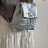 Lkblock Y2k Silver Womens Backpack Sweet Cool Butterfly Chains Student Fashion Backpack Casual Aesthetic Leather Daily Female Bag
