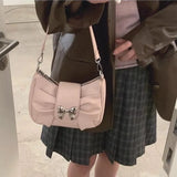 Lkblock Pink Bow Womens Shoulder Bag Korean Fashion College Style Elegant Handbag Square Pleated Sweet Casual Leather Armpit Bag