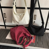 Lkblock Leisure Canvas Women's Shoulder Bag Large Capacity College Students Crossbody School Bag Simple Solid Color Travel Messenger Bag