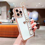 Lkblock New Electroplated Solid + Love Wrist Strap Mobile Phone Case For iPhone 11/12/13/14/15 Pro Max Apple Series Phone Cases