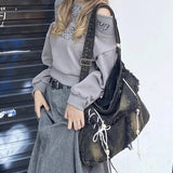 Lkblock Y2K Korean Harajuku Gothic Hobo Denim Bag Aesthetic Vintage Purses WomenHandbag Crossbody Messenger Tote Peddler Shoulder Bags