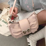 Lkblock Pink Bow Womens Shoulder Bag Korean Fashion College Style Elegant Handbag Square Pleated Sweet Casual Leather Armpit Bag
