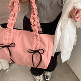 Lkblock Pink Pleated Womens Tote Bag Nylon Sweet Elegant Gentle Literary Casual Shoulder Bag Aesthetic New Korean Fashion Handbag