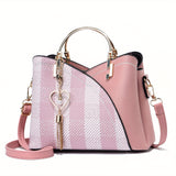 Lkblock - Color Block Satchel Bag, Trendy Tassel Decor Crossbody Bag, Women's Top Ring Purse (9.1*7.5*4.5) Inch