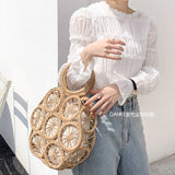 Lkblock Fashion Rattan Hollow Round Straw Bags Wicker Woven Women Handbags Summer Beach Shoulder Crossbody Bags Casual Lady Bali Purses