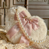 Lkblock Original Lolita Love Heart Plush Hand-Carrying Bag Bow Cute Pearl Chain Plush Bag JK Bag