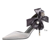 Lkblock 2022 Elegant Women10cm/7.5cm Pencil Heels Pumps White Butterfly Knots Pumps Red Pearl Satin Pumps Ladies Wedding Plus Size Shoes