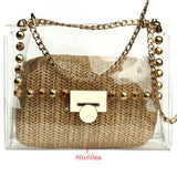Lkblock Bag With Straw Purse Wallets Soft Surface Daybag Crossbody Bag With Chain Transparent Handbags With Rivet Clutch
