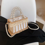 Lkblock Women Straw Purses and Handbags Summer Rattan Handmade Tote Bags Ladies Ribbons Beach Basket Bag Pearl Beads