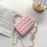 Lkblock Fashion Women PU Leather Thin Chain Shoulder Crossbody Bag with Pearl Handle Portable Chocolate Grid Solid Color Small Handbags
