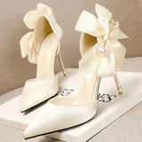 Lkblock 2022 Elegant Women10cm/7.5cm Pencil Heels Pumps White Butterfly Knots Pumps Red Pearl Satin Pumps Ladies Wedding Plus Size Shoes