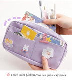 Lkblock Purple Canvas Pencil Case Cute Animal Badge Pink Pencilcases Large School Pencil Bags for Maiden Girl Stationery Supplies