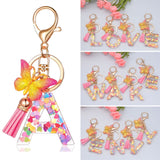 Lkblock New Exquisite 26 Letter Resin Keychain with Pink Tassel Gradient Butterfly Pendant Key Ring Women Bag Ornaments Accessories Gift
