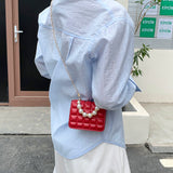 Lkblock Vintage Grid PU Leather Small Shoulder Messenger Bag For Women Casual Pure Color Ladies Pearl Chain Mini Flap Crossbody Handbags