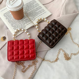 Lkblock Fashion Women PU Leather Thin Chain Shoulder Crossbody Bag with Pearl Handle Portable Chocolate Grid Solid Color Small Handbags