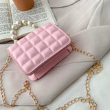 Lkblock Vintage Grid PU Leather Small Shoulder Messenger Bag For Women Casual Pure Color Ladies Pearl Chain Mini Flap Crossbody Handbags