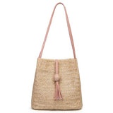 Lkblock Women Straw Bag Bohemian Rattan Beach Handbag Handmade Kintted Crossbody Bucket Bags Summer Tassel Beach Bag