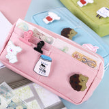 Lkblock Purple Canvas Pencil Case Cute Animal Badge Pink Pencilcases Large School Pencil Bags for Maiden Girl Stationery Supplies