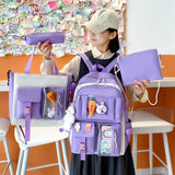 Lkblock 2022 New 4 Pcs Sets Purple Colour Children's School Backpack Kawaii Women's Backpack Bookbag School Bags for Teens Girls Mochila