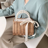 Lkblock Women Straw Purses and Handbags Summer Rattan Handmade Tote Bags Ladies Ribbons Beach Basket Bag Pearl Beads