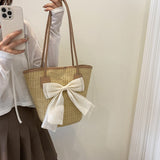 Lkblock Casual Straw Woven Handbags Women Summer Holiday Beach Bow Totes Top-Handle Bags Fashion Ladies Undearm Shoulder Bags